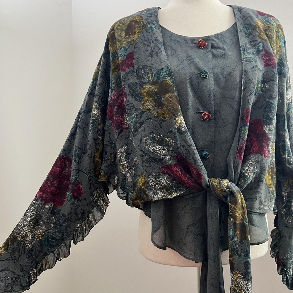 Whimsigoth Floral Tie Front Top Vintage Dark Romantic Blouse Boho Fairy Goth - Picture 3 of 13